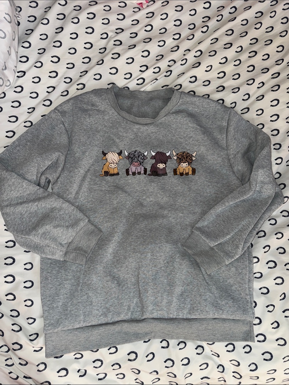 Grey Sweatshirt with Cute Highland Cow Screen Print
